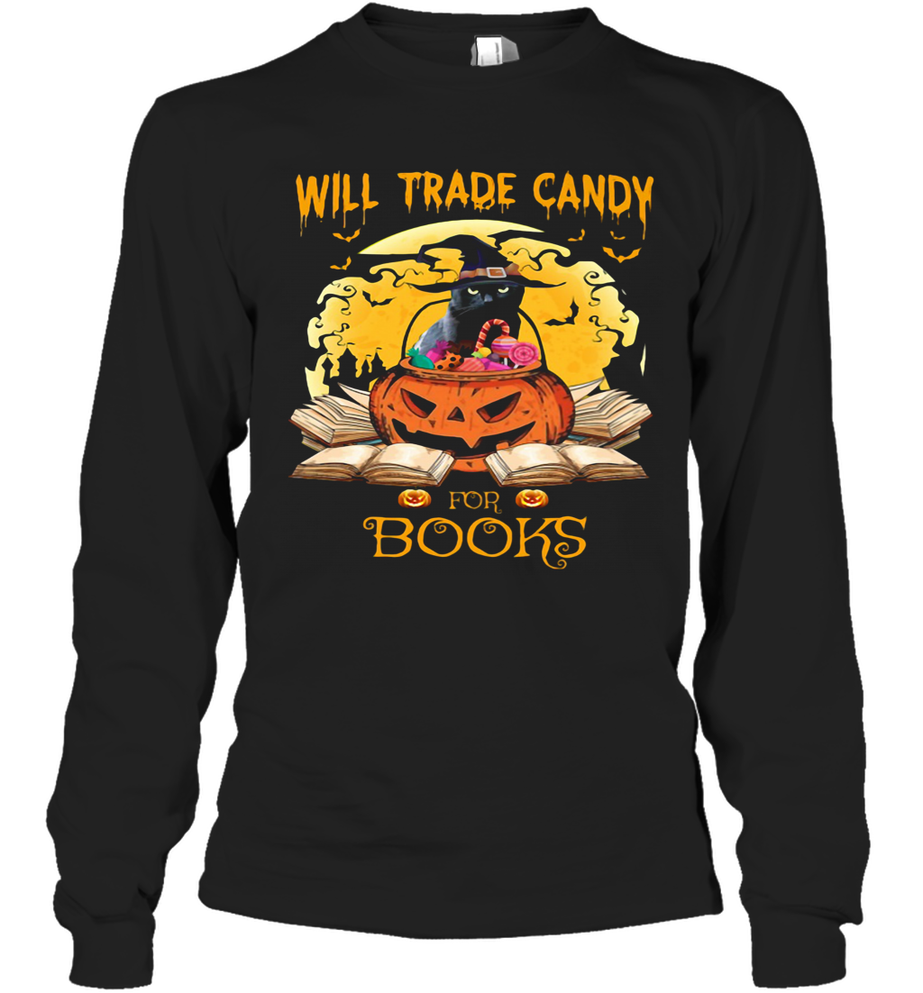 Halloween Cat Witch Will Trade Candy For Books Moon T-Shirt Long Sleeved T-shirt
