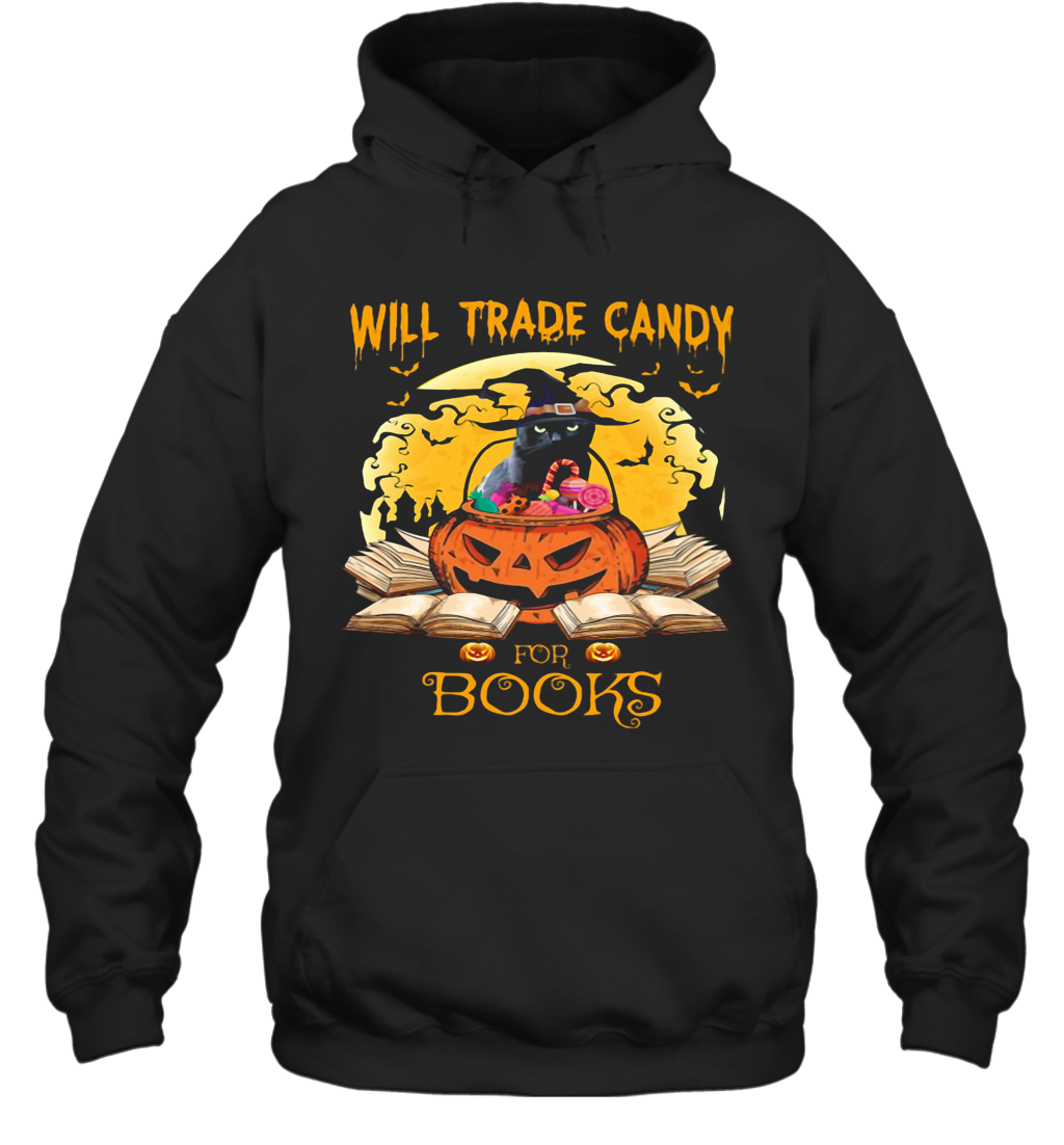 Halloween Cat Witch Will Trade Candy For Books Moon T-Shirt Unisex Hoodie