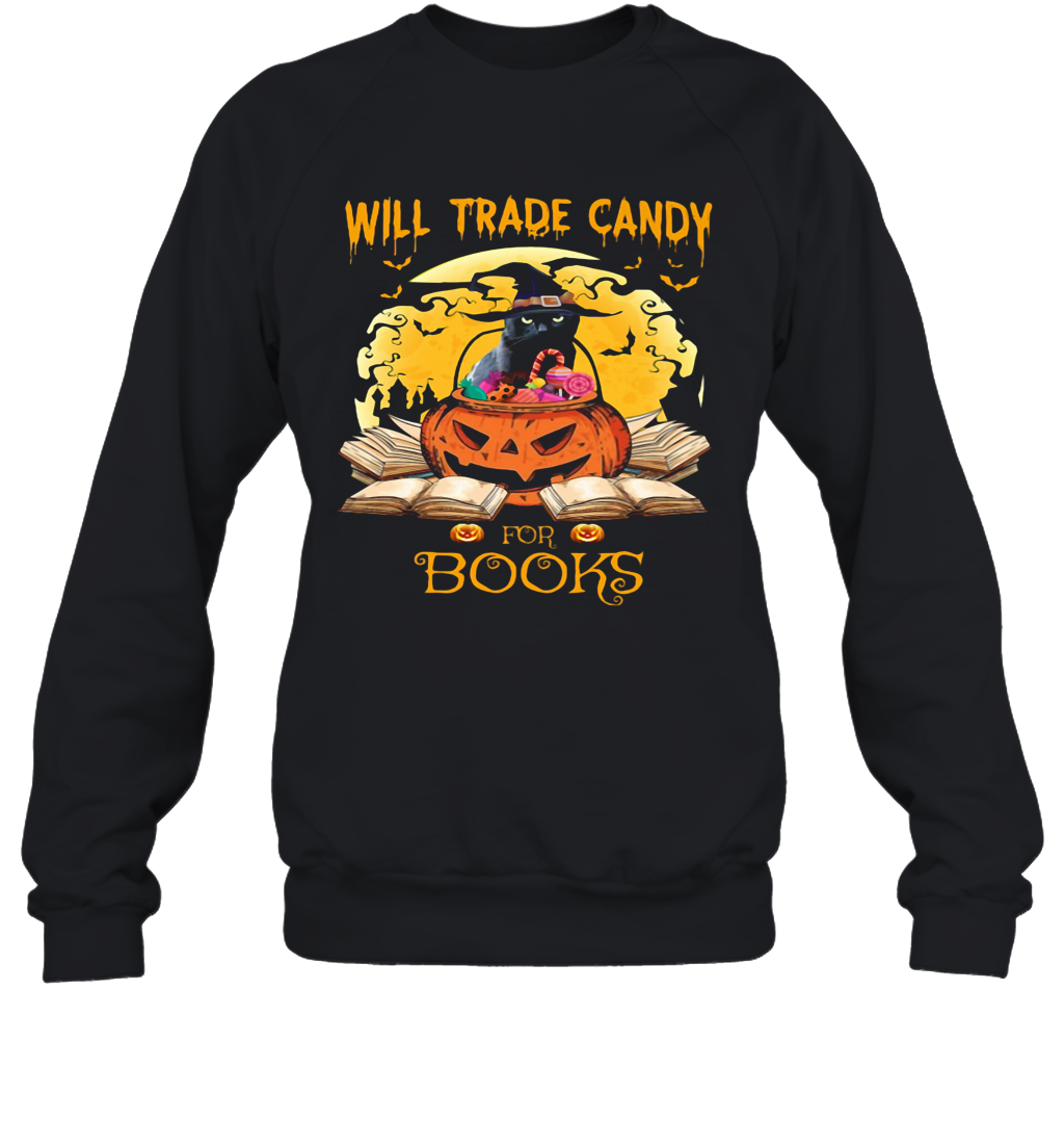 Halloween Cat Witch Will Trade Candy For Books Moon T-Shirt Unisex Sweatshirt