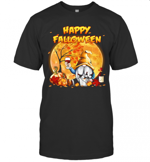 Halloween Gnomes Drink Wine Pumpkin Maple Leaves Happy Falloween T-Shirt