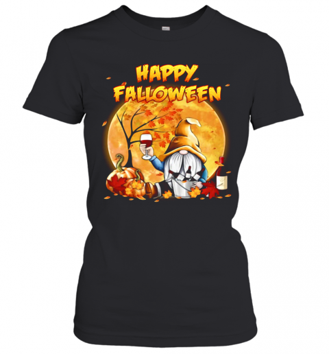 Halloween Gnomes Drink Wine Pumpkin Maple Leaves Happy Falloween T-Shirt Classic Women's T-shirt
