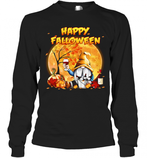 Halloween Gnomes Drink Wine Pumpkin Maple Leaves Happy Falloween T-Shirt Long Sleeved T-shirt 