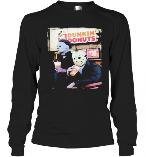 Halloween Horror Characters Drinking Dunkin Donuts T-Shirt Long Sleeved T-shirt 