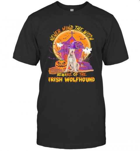 Never Mind The Witch Beware Of The Irish Wolfhound Halloween Moon T-Shirt