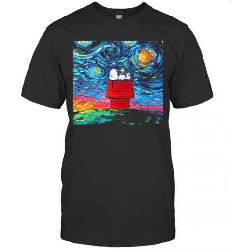 Snoopy And Woodstock Peanuts Cartoon Starry Night Print T-Shirt