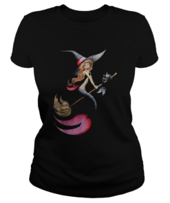 Halloween Witch Mermaid Is Riding A Broom WIth Her Cat  Classic Ladies