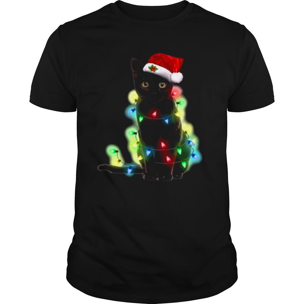 Black Cat Santa Light Merry Christmas shirt