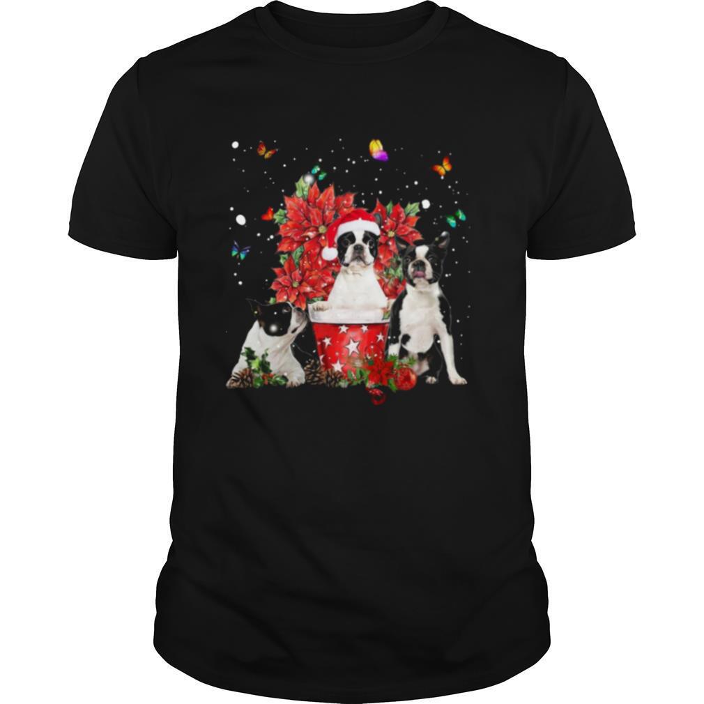 Cute Boston Terrier With Poinsettia Flower Christmas shirt