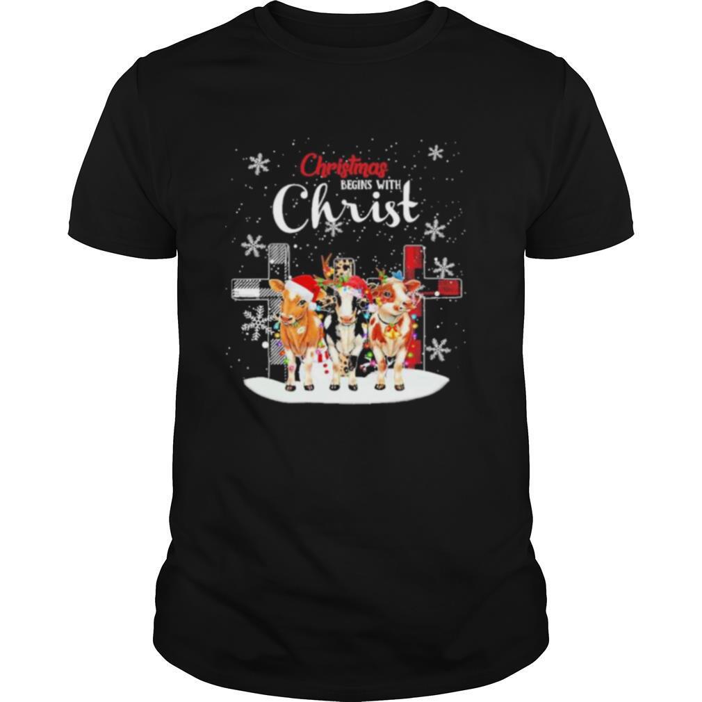 Cow hat santa merry christmas begins with christ shirt