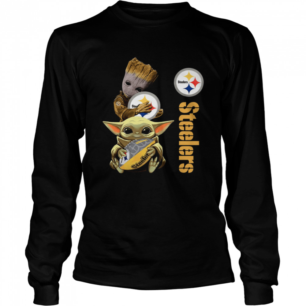 Baby Groot And Yoda Hug Pittsburgh Steelers Long Sleeved T-shirt