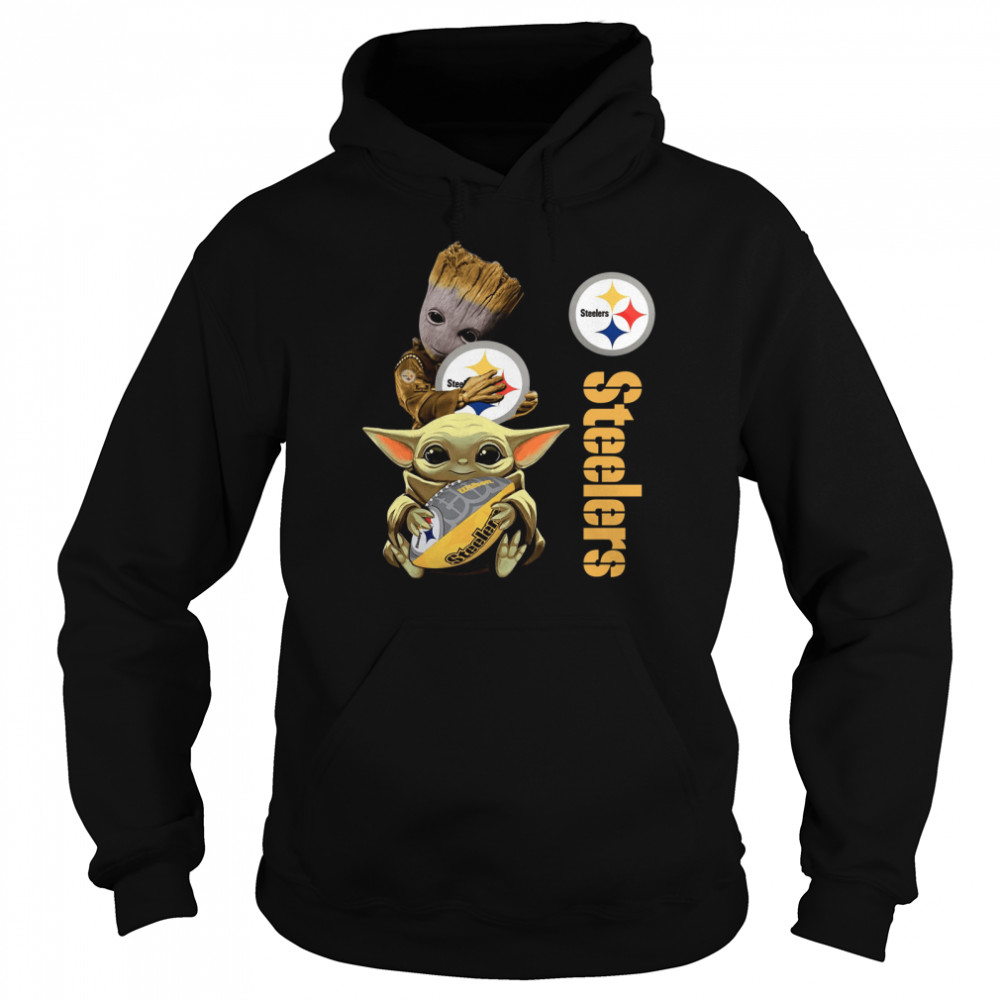Baby Groot And Yoda Hug Pittsburgh Steelers Unisex Hoodie