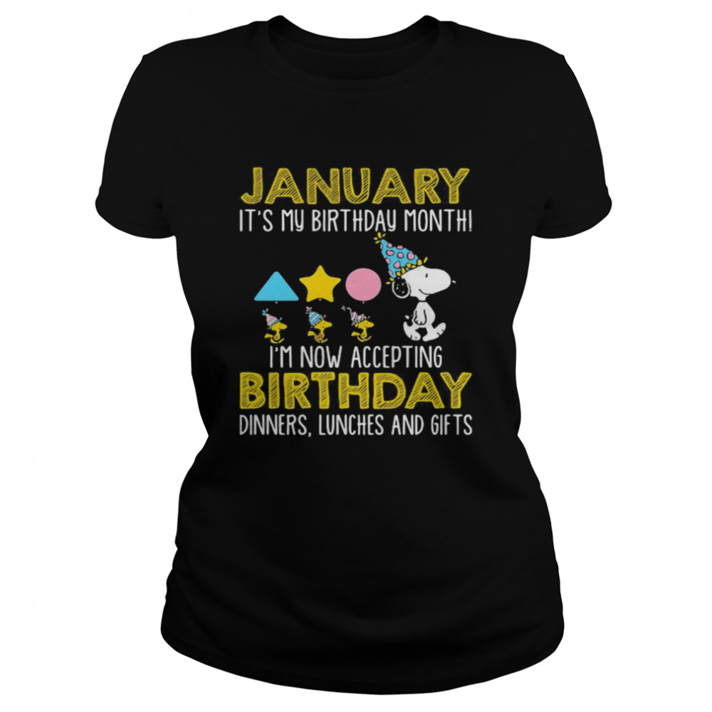 January It’s My Birthday Month I’m Now Acceting Birthday Dinners Snoopy Woodstock Classic Women's T-shirt