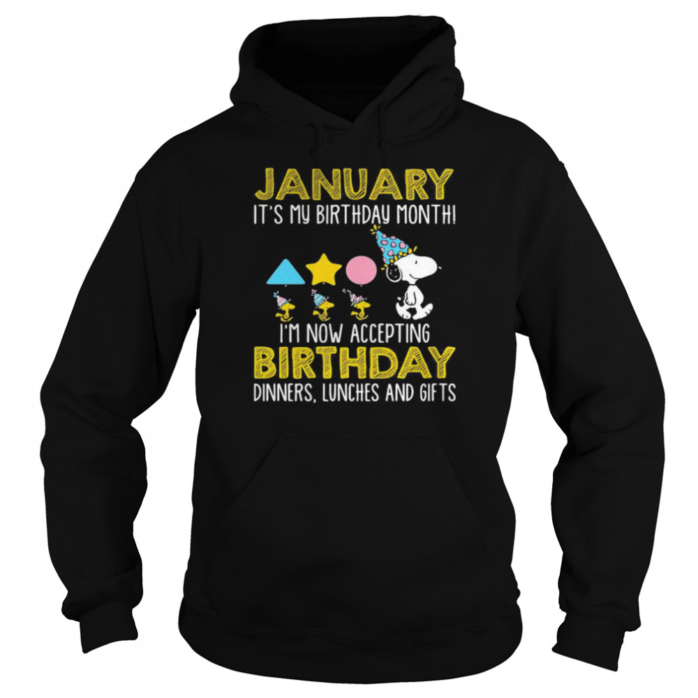 January It’s My Birthday Month I’m Now Acceting Birthday Dinners Snoopy Woodstock Unisex Hoodie
