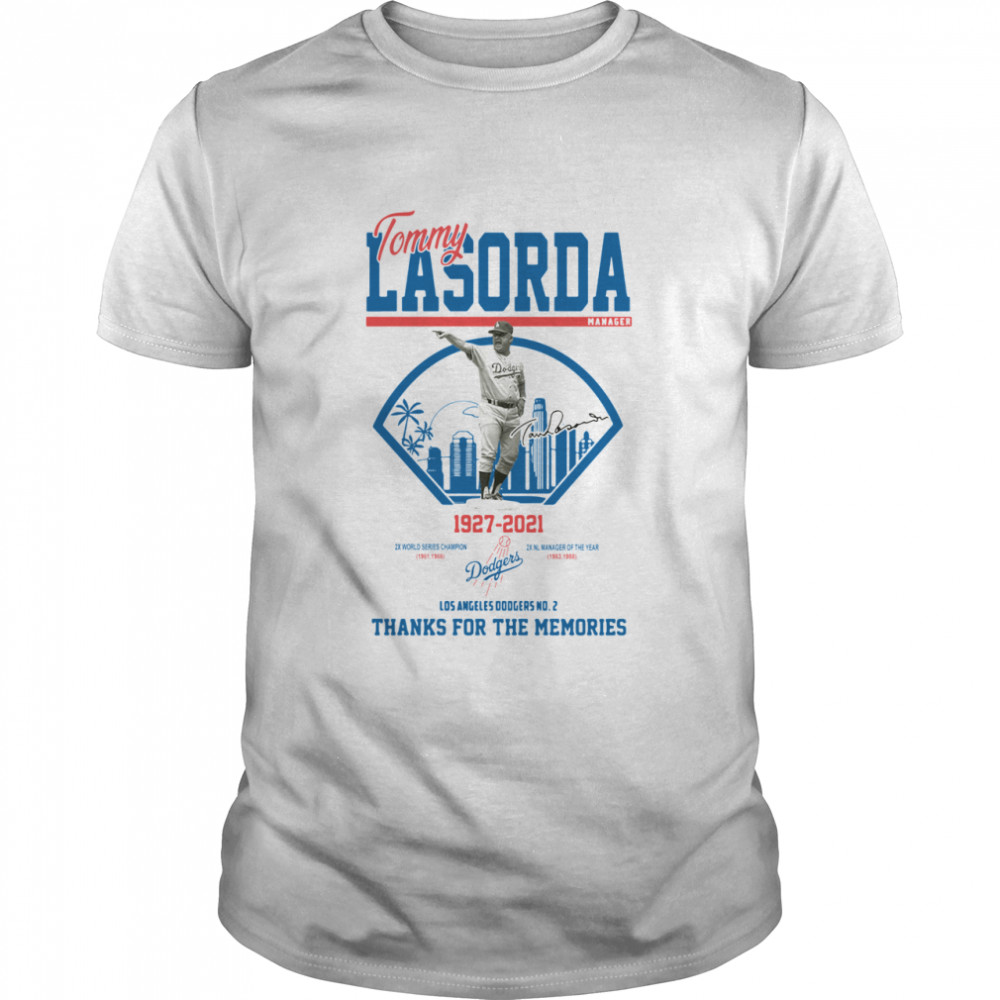 Los Angeles Dodgers Tommy Lasorda manager 1927 2021 thank you for the memories signature shirt