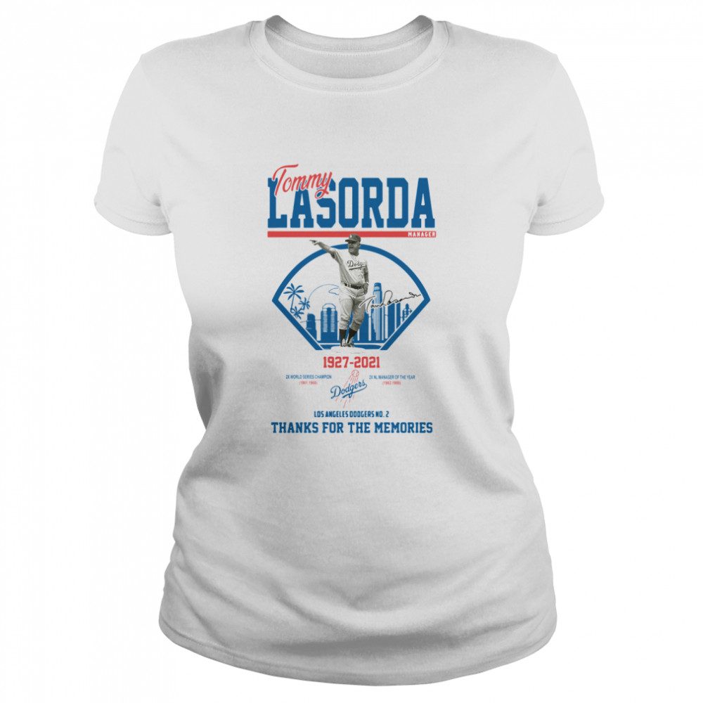 Los Angeles Dodgers Tommy Lasorda manager 1927 2021 thank you for the memories signature Classic Women's T-shirt