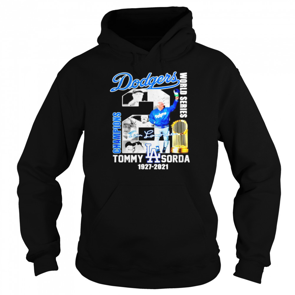 Los Angeles Dodgers World Series Champions Tommy Lasorda 1927 2021 signature Unisex Hoodie
