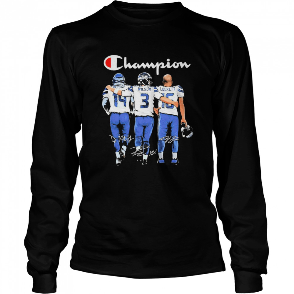 Seattle Seahawks Champion Metcalf Wilson And Lockett Signatures Long Sleeved T-shirt