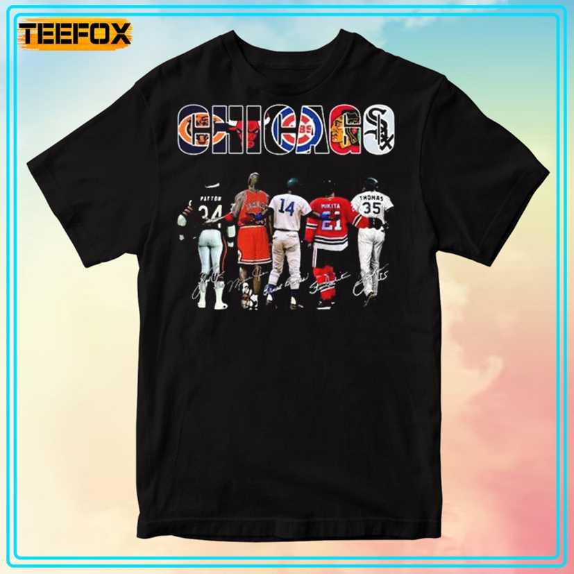 Chicago Bear Cubs White Sox Blackhawks Bulls Signatures T-Shirt