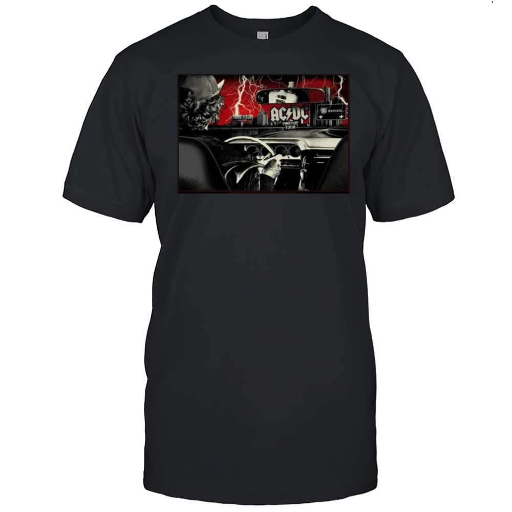 ACDC PWR Up Detroit 2025 At Ford Field Michigan On April 30 2025 Angus Young Riding A Car Shirt