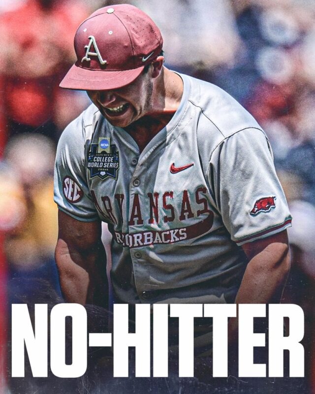 Gage Wood No Hitter Arkansas Razorback Baseball MWCS Mens College World Serries 2025