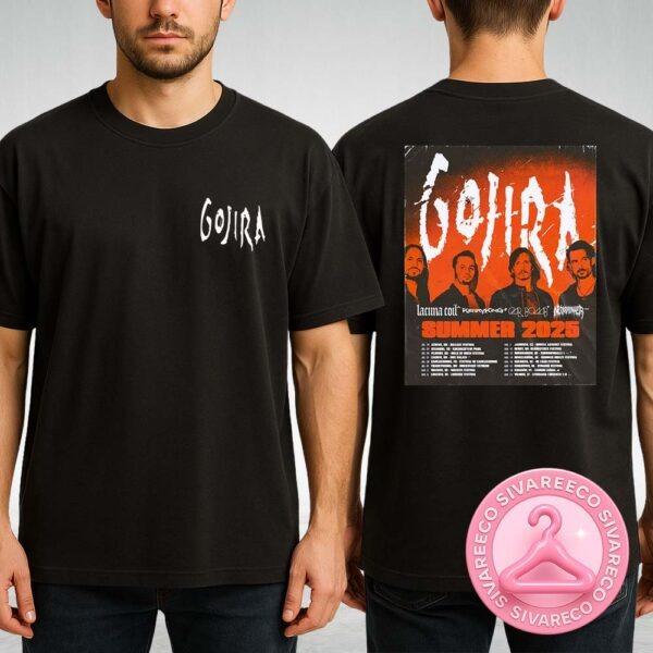 Gojira Summer Tour Poster For Europe 2025 Featuring Grunge Orange Aesthetic With Band Lineup And Festival Dates Two Sides Unisex T-Shirt