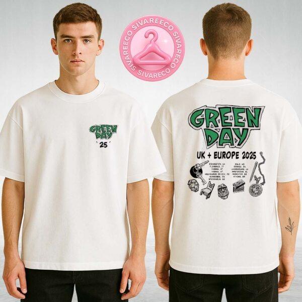 Green Day 2025 Europe Tour Shirt Featuring Skull Guitar Chair Illustration White Punk Rock Two Sides Unisex T-Shirt