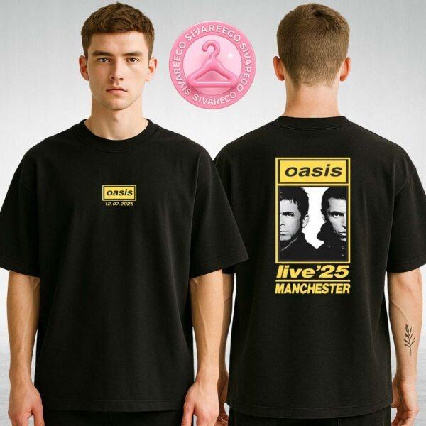 Oasis Live ’25 Manchester Concert T-Shirt Black Yellow Duo Portrait Two Sides Unisex Tee – July 12 2025 UK Tour Shirt