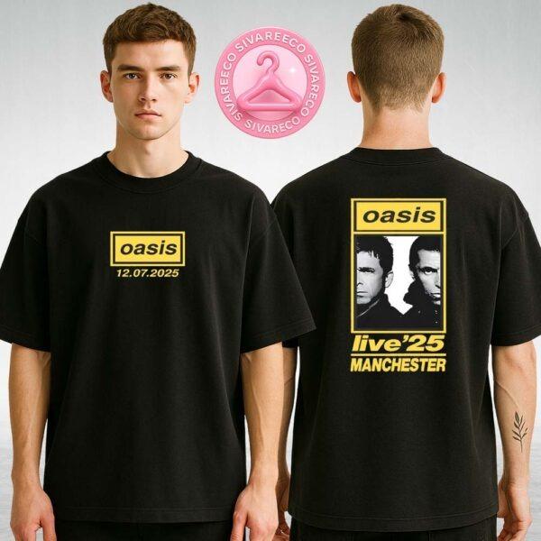 Oasis Live Concert T-Shirt At Manchester UK On July 12 2025 Black And Yellow Duo Portrait Two Sides Unisex T-Shirt