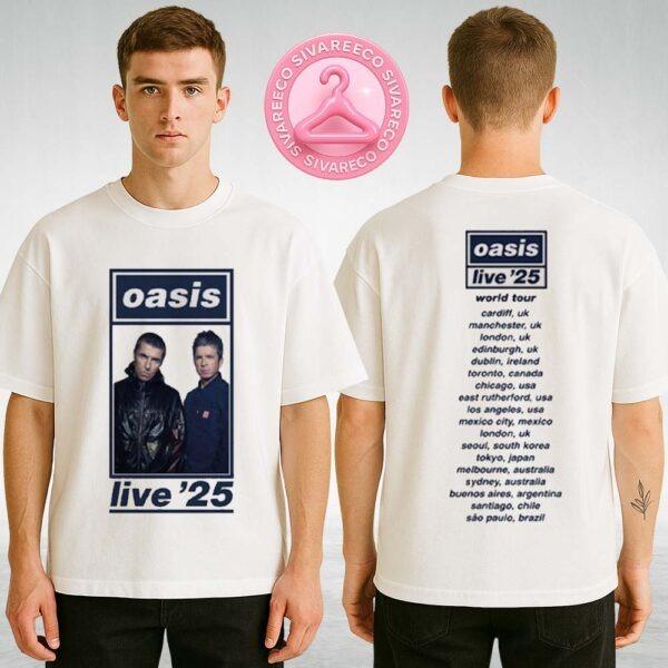 Oasis Merch Live World Tour 2025 With Blue Portrait Design Featuring Global Cities Back Print Official Concert Merch Two Sides Unisex T-Shirt