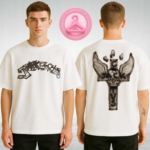 Travis Scott Jackboys II White Airbrush Skull Cross Tee With Graffiti Logo Back Design Two Sides Unisex T-Shirt