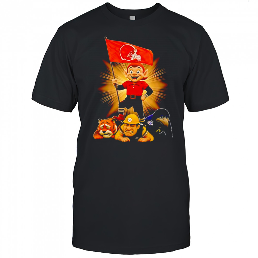 Cleveland Browns mascot standing with flag shirt