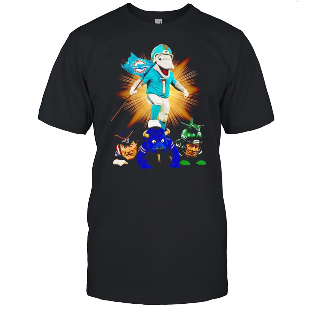 Miami Dolphins mascot standing with flag shirt