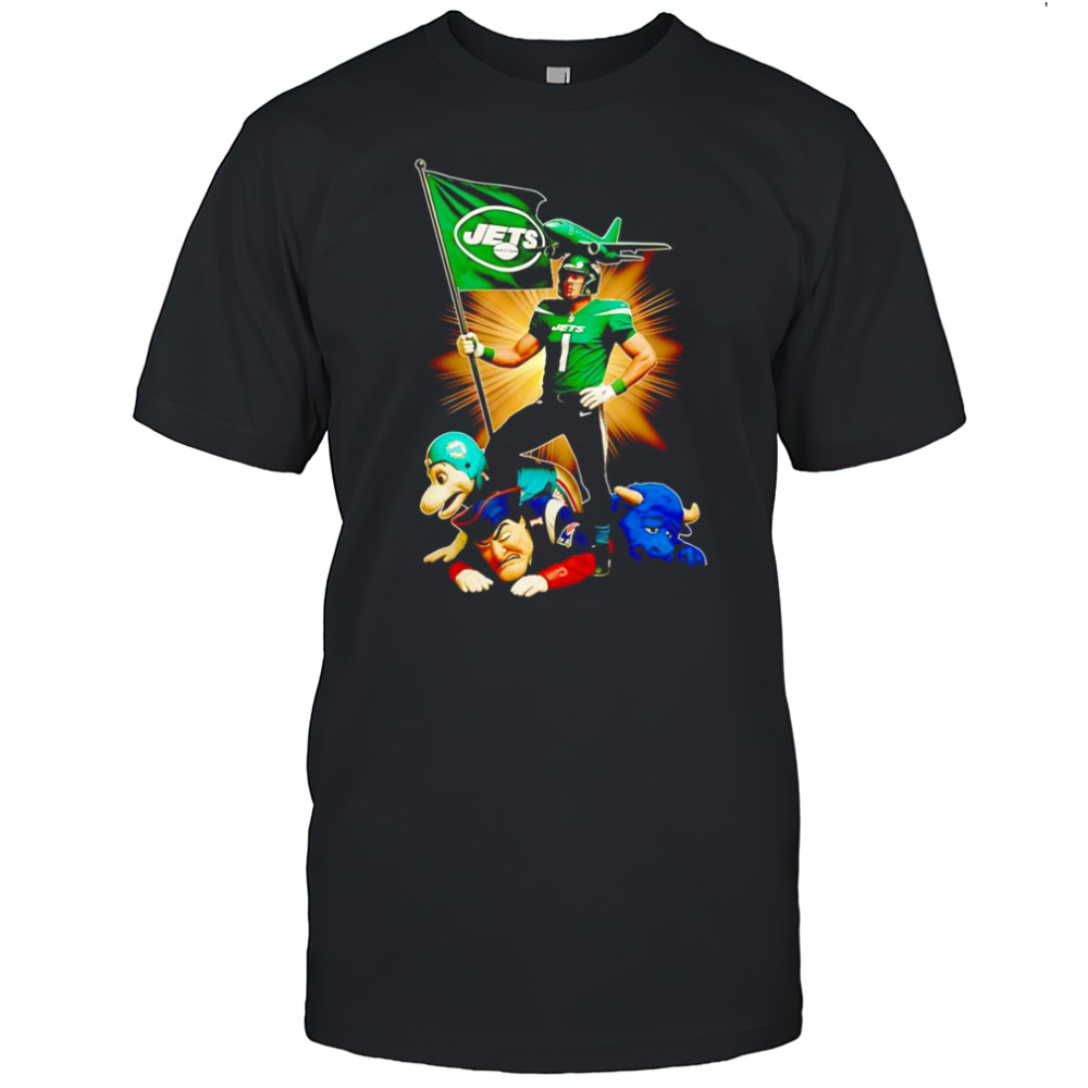 New York Jets mascot standing with flag shirt