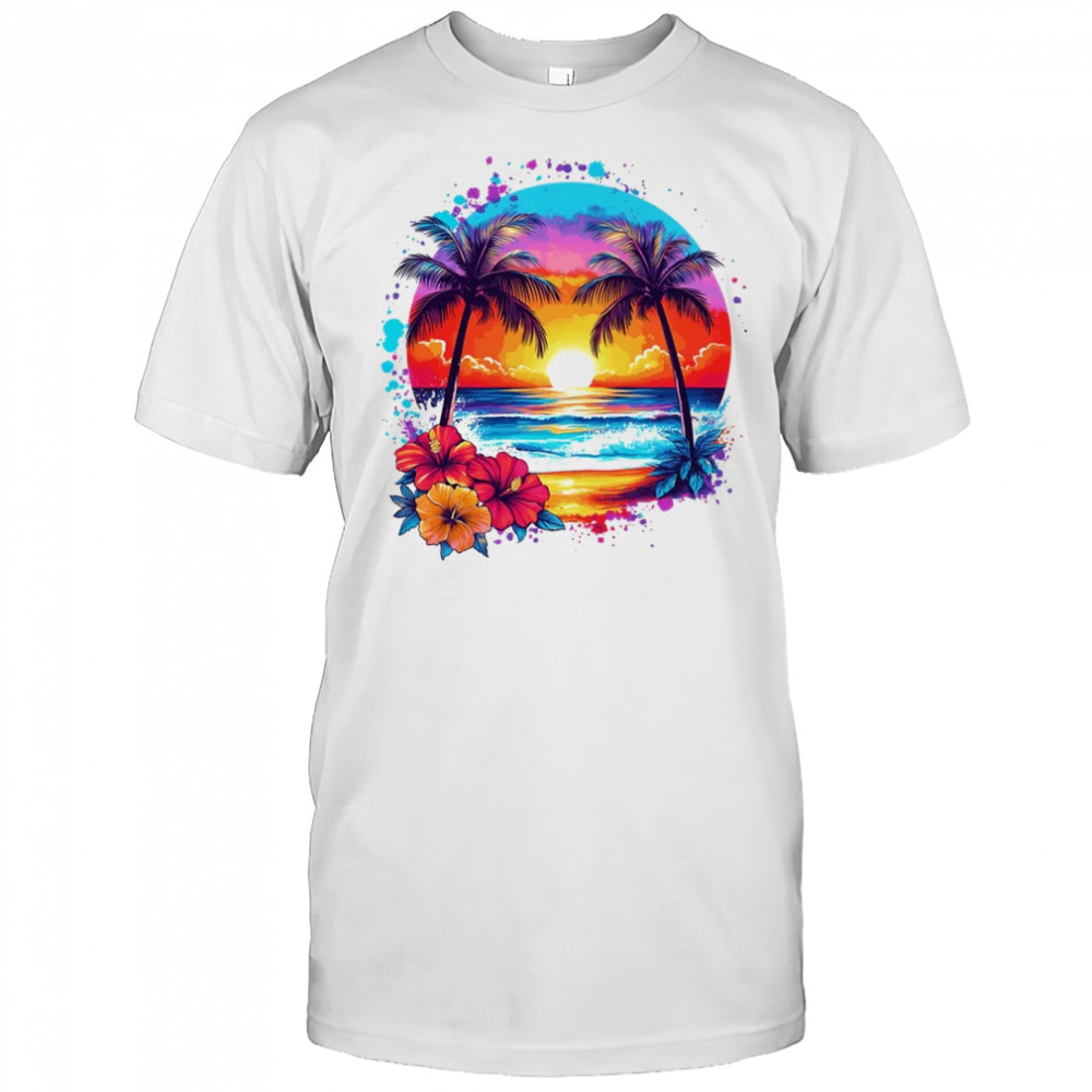 Summer Vacation Beach Palm Trees Hibiscus Flowers Sunset shirt
