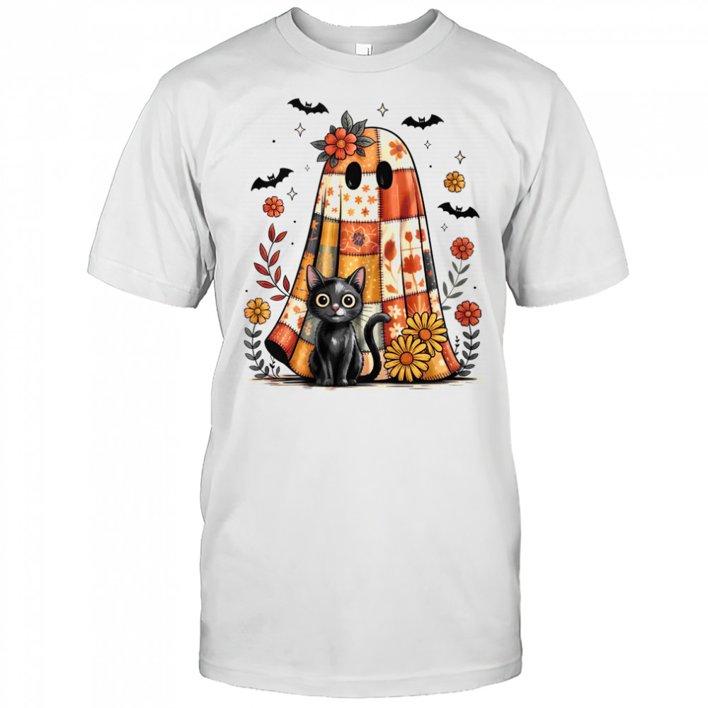Patchwork Halloween Ghost And Cat Png Retro Spooky Floral shirt