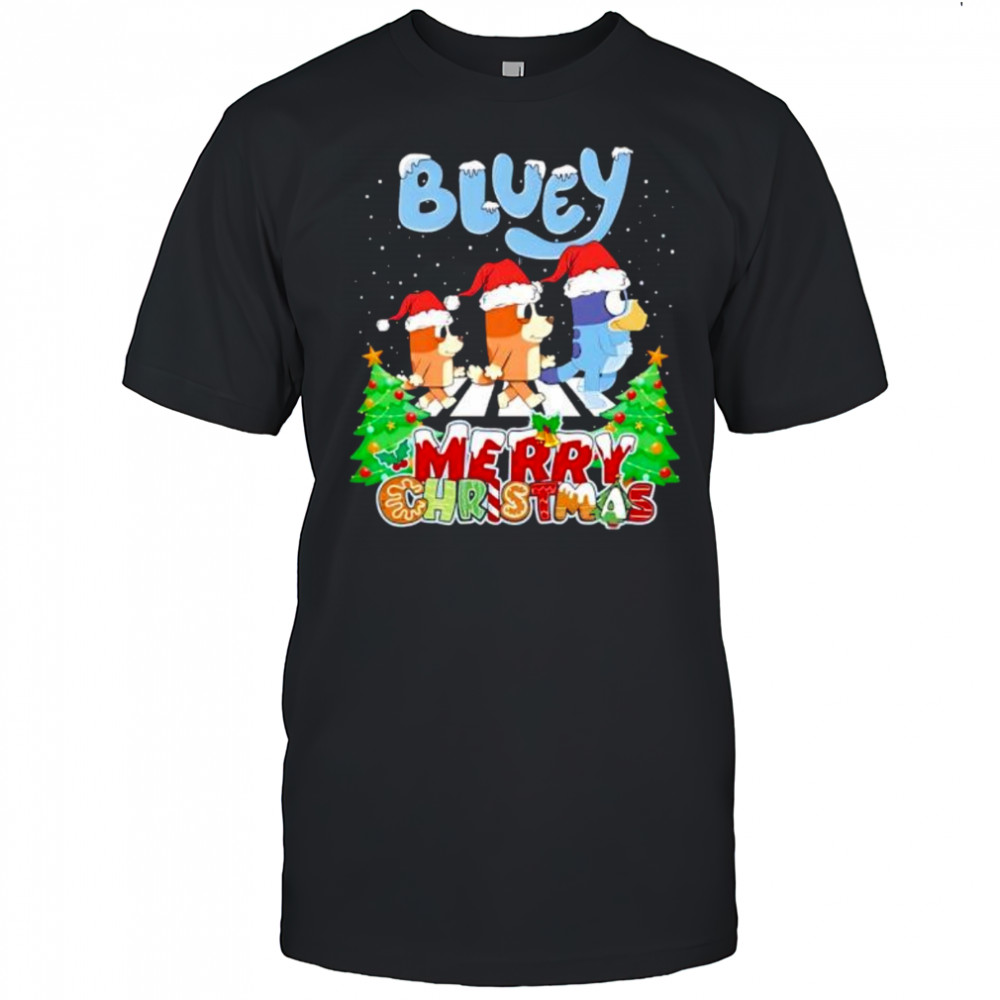 Bluey Merry Christmas Cartoon Dog Family and Santa Hats shirt