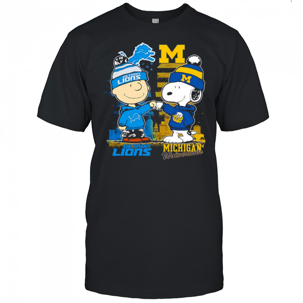 Charlie Brown and Snoopy x Detroit Lions Michigan Wolverines logo shirt