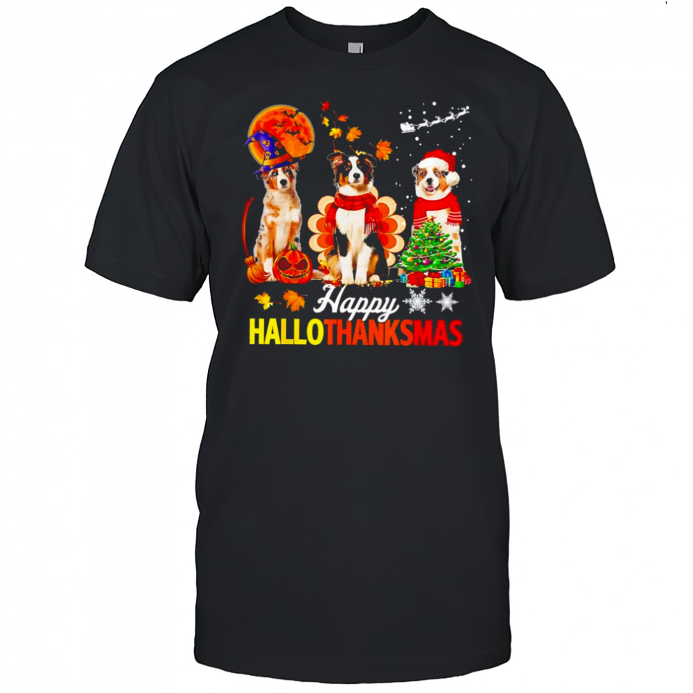 Happy Hallothanksmas Halloween Thanksgiving Christmas with Australian Shepherd dogs shirt