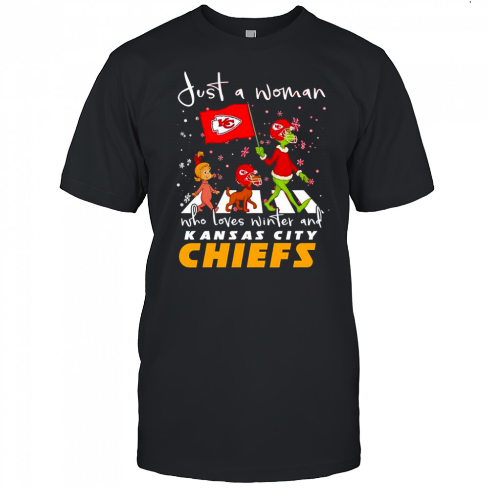 Just a woman who loves winter and Kansas City Chiefs vs Dr Seuss characters Abbey Road shirt