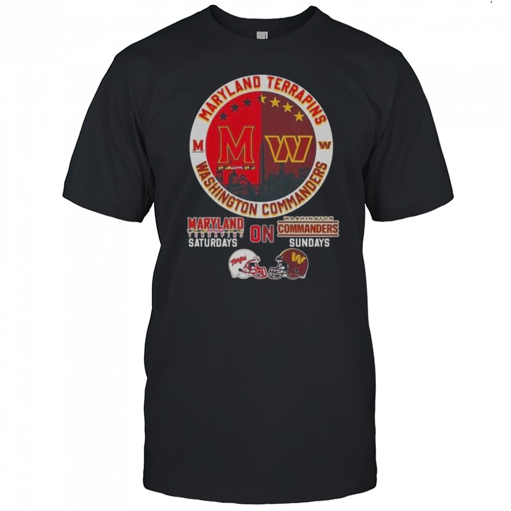Maryland Terrapins And Washington Commanders Saturdays On Sundays City Skyline Logo T-Shirt