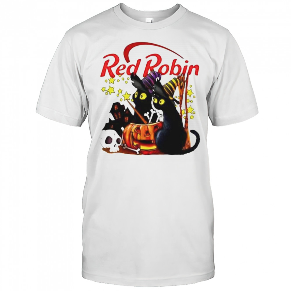 Red Robin Black Cat Witch Pumpkin Haunted House Halloween T-Shirt