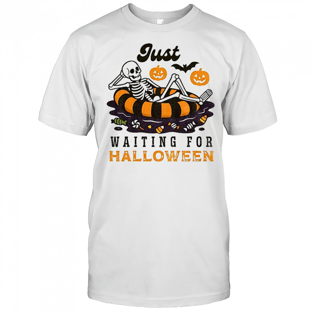 Skeleton summer beach just waiting for Happy Halloween 2025 shirt