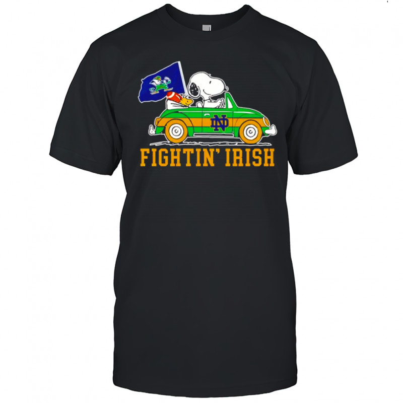 Snoopy and Woodstock driving car Notre Dame Fighting Irish shirt