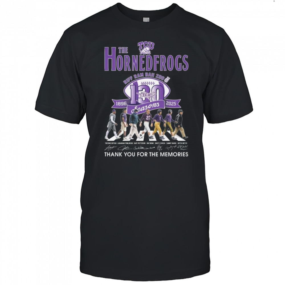 The TCU Horned Frogs Riff Ram Bah Zoo 130 Seasons 1896-2025 Signatures Thank You For The Memories Walking Shirt