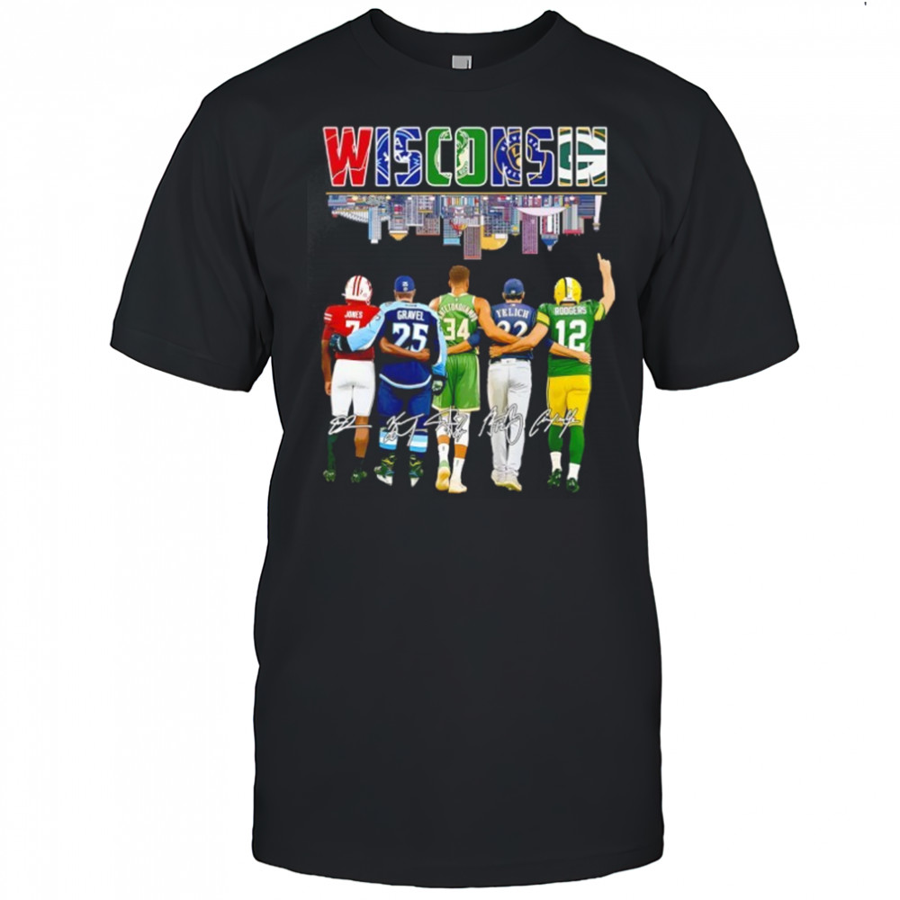 Wisconsin Dilin Jones Noah Gravel Giannis Antetokounmpo Christian Yelich Aaron Rodgers Signatures Shirt