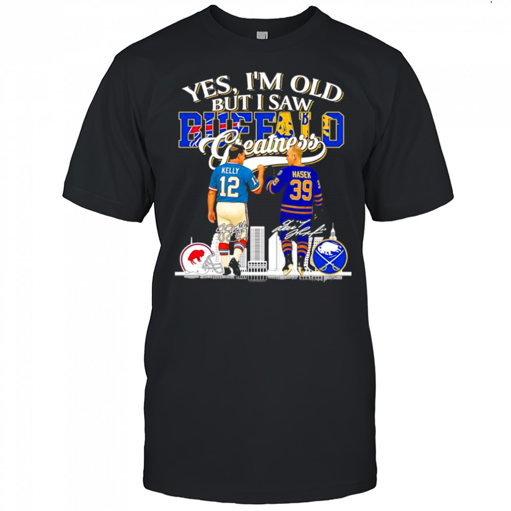 Yes i’m old but i saw Jim Kelly Buffalo Bills x Dominik Hasek Buffalo Sabres Greatness signatures shirt