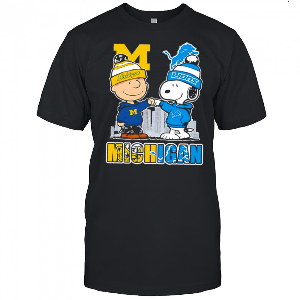 Charlie Brown and Snoopy wearing Michigan Wolverines and Detroit Lions logo shirt