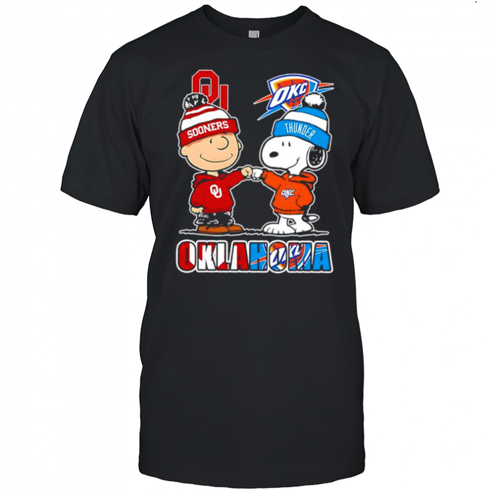 Charlie Brown and Snoopy wearing Oklahoma Sooners and Oklahoma City Thunder logo shirt