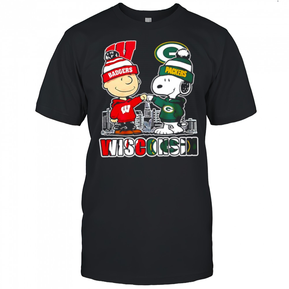 Charlie Brown and Snoopy wearing Wisconsin Badgers and Green Bay Packers logo shirt