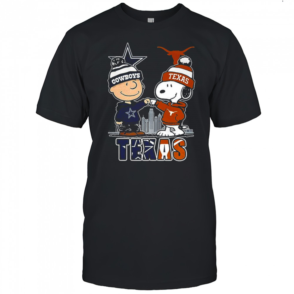 Charlie Brown Dallas Cowboys touch hand Snoopy Texas Longhorns skyline shirt